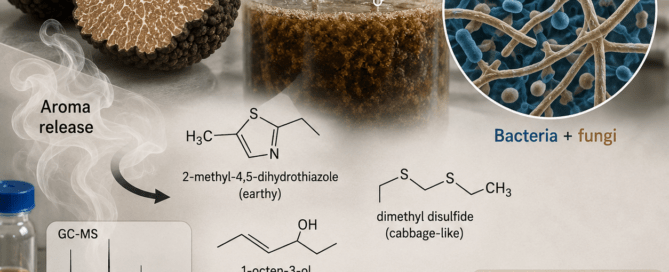 Ilustración científica sobre aroma de trufas, compuestos volátiles y análisis sensorial y químico