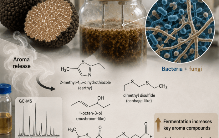 Ilustración científica sobre aroma de trufas, compuestos volátiles y análisis sensorial y químico