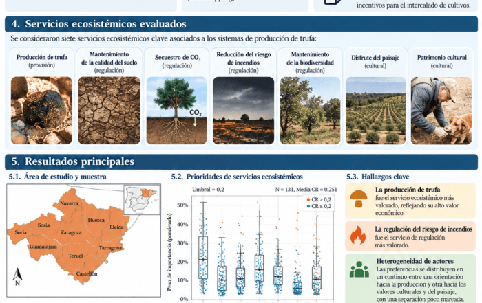 Infografía científica sobre servicios ecosistémicos, prioridades y barreras percibidas en sistemas productores de trufa negra en España